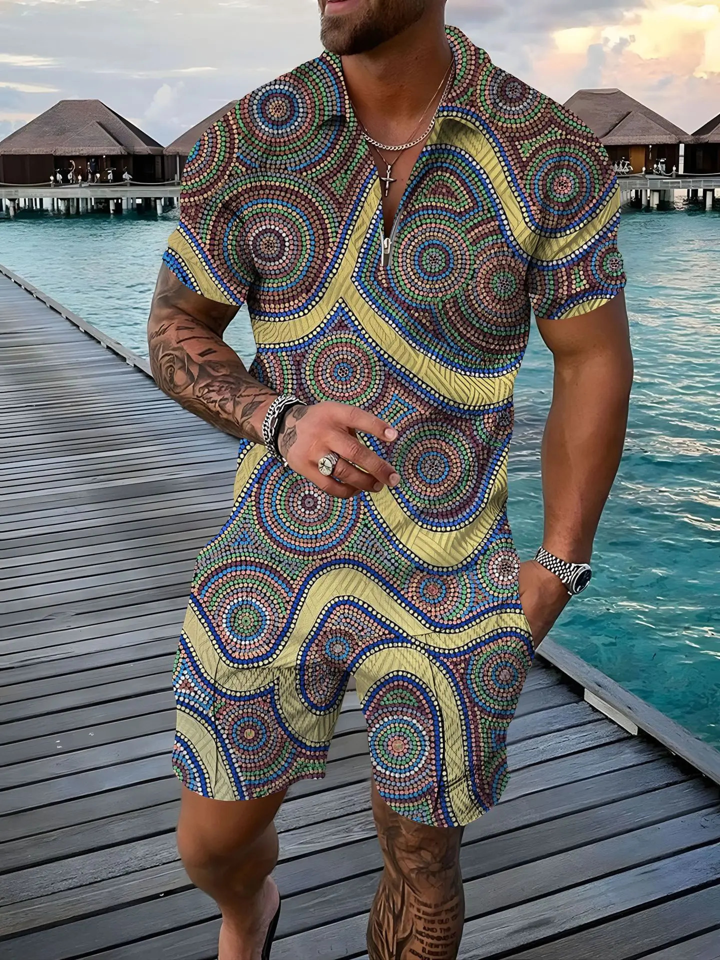 Retro Hawaiian Polo 2PCS Set 3D Printed Polo Shirt 2-piece Zipper Set Polo ShirtShorts Holiday Style Fashionable Mens Wear 250402