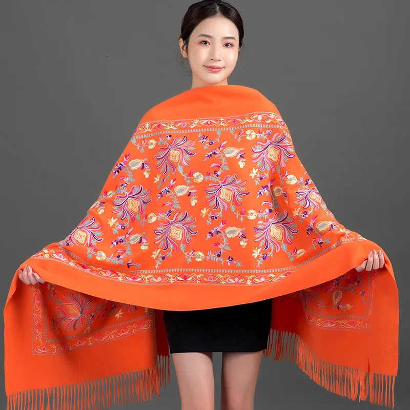 Embroidery Flower Cashmere Pashmina Women Thick Warm Winter Scarf Soft Tassel Shawls Lady Wraps Bandana Foulard Blanket Scarves 250403