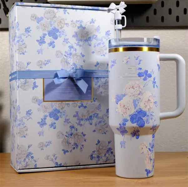 US STOCK With Floral Gift Boxes 40OZ Cups Insulated Stainless Steel Tumblers 40oz Rose Double Wall Vacuum Sealed Travel Mugs Big Capacity Water Bottle