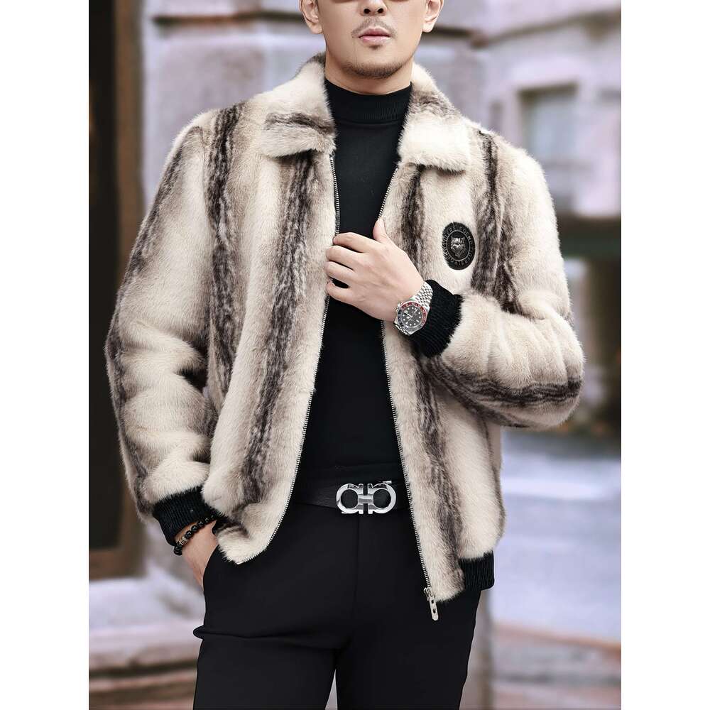 Men's Winter - Warm Color-Block Lapel Collar Jacket With Zipper Closure, Black Beige Contrast Design, Regular Fit For Casual & Formal Wear, Polye