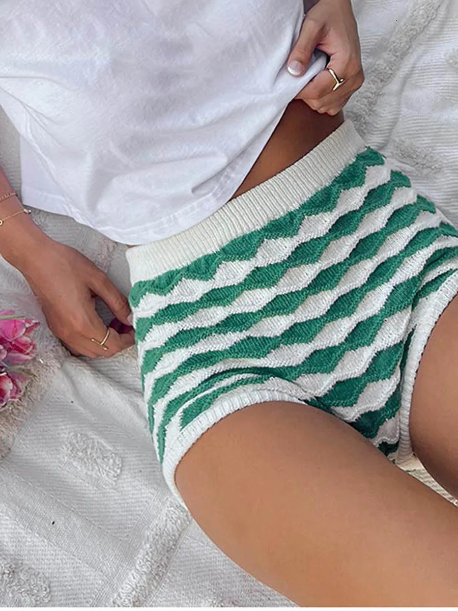 Y2k Womens Striped Crochet Knitted Shorts Cute Low Rise Boxing Mini Retro Vintage 250401