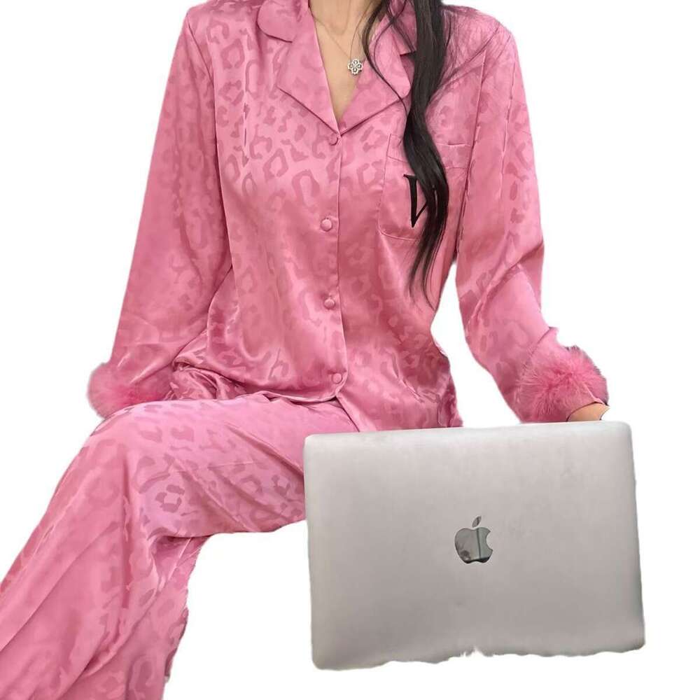 Women's Pajamas Spring and Autumn Ice Silk Plus Size Cardigan New High-end Light Luxury Feather Long Sleeve Homewear Two-piece Pyjamas Set