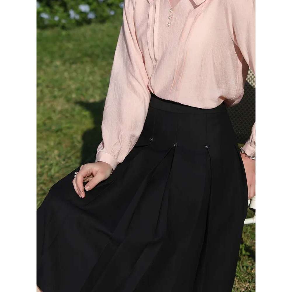 Black High-Waisted Pleated Skirts For Women Spring New Midi A-E Solid Skirt Foreign Temperament