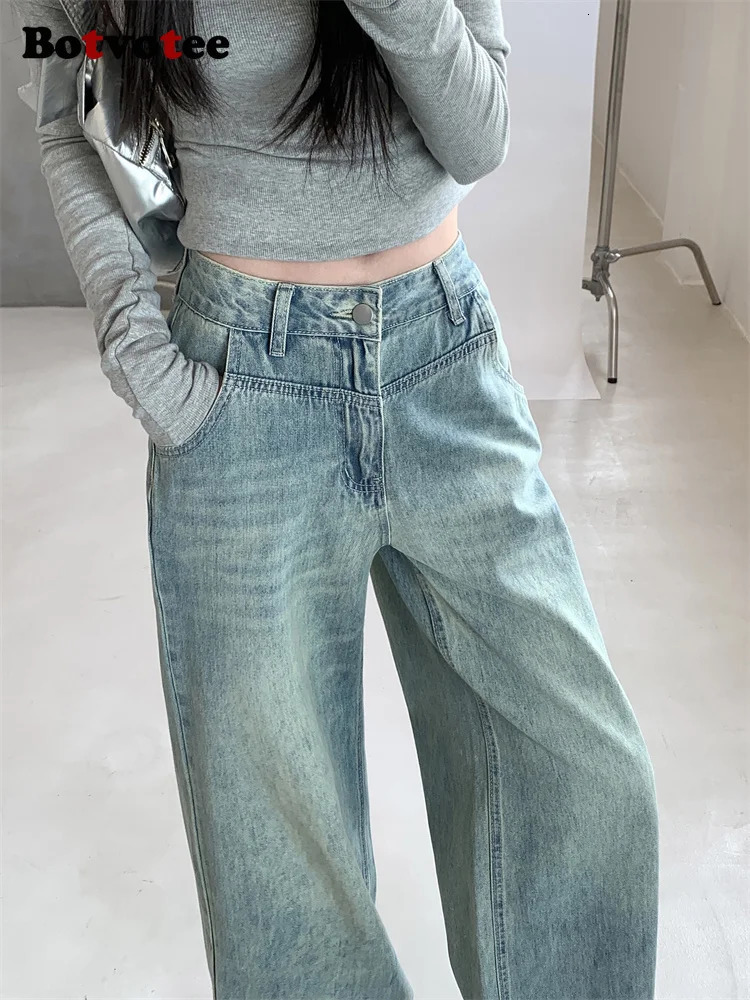 Botvotee grab grain burlap bag jeans for womens springsummer Korean fashion wide leg high waist blue denim 250403