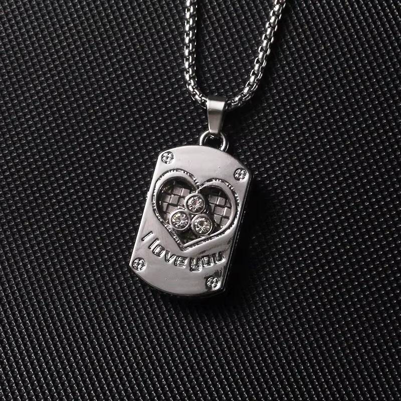 Square Hollow Love Heart Inlaid Rhinestone Necklace for Men Trendy Hip-hop Stainless Steel Necklace Cross Moissanite Necklace