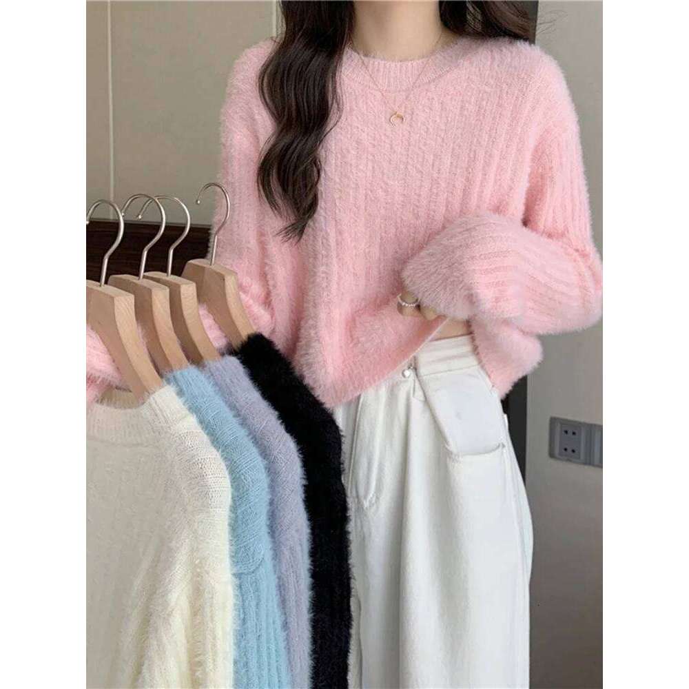 Soft Warm Faux Mink Veet Sweaters Women Autumn Winter Long Sleeve Loose Female Sweater Knitted Casual Solid Jumper Pullover Designer Sweater Bear Swea