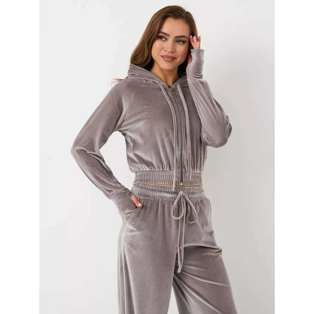 European And American Fashion Casual Women's Solid Color Zipper Cardigan Silver Fox Fleece Sweatshirt Tie Pants Two-Piece Set B5