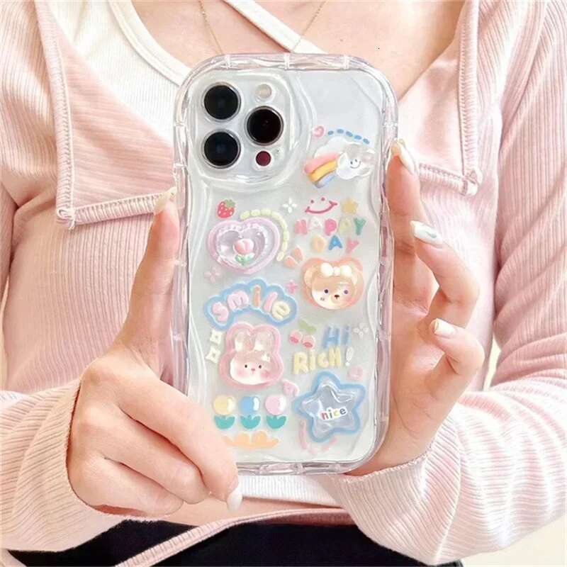 Korean 3D Bear Hang Phone Chain Lanyard Clear Soft Case For iPhone 16 15 14 Pro Max 11 13 12 Mini XR 8 7 Plus X XS SE Cute Cover