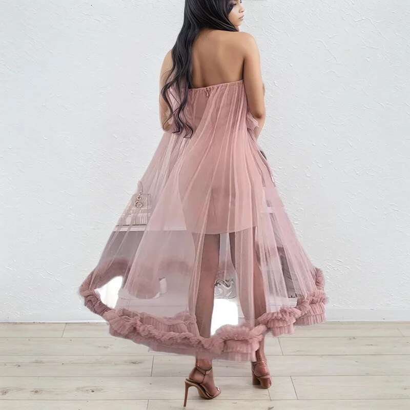 Women's Fashion Sleeveless Strapless Solid Color Dresses New Arrival Trendy Mesh Patchwork Evening Dress Female 33A2633