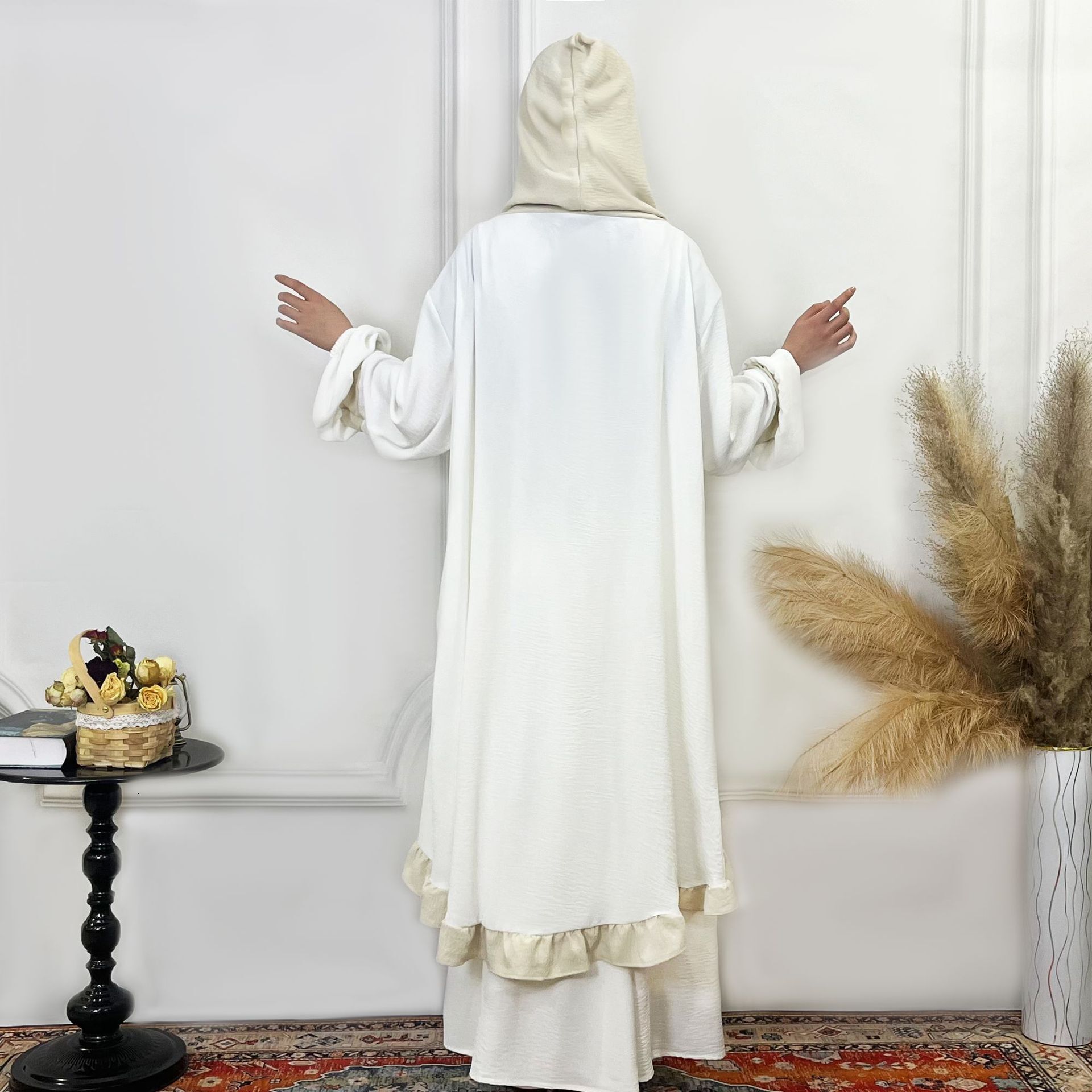 Fashion Muslims Women's Prayer Solid Color Ruffle Robe Two Piece Set Abaya Maxi Dresses Islamic Clothing