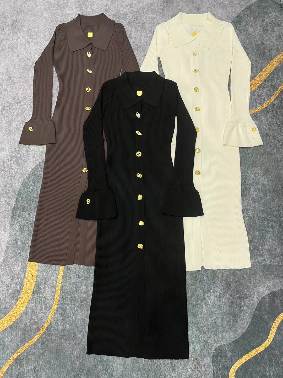 Designer women's knit casual long dresses metal single-breasted embroidery long maxi dress with side slit slim fit vest long sweater top sexy