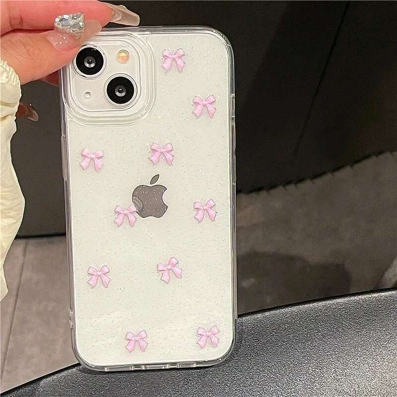 Cute Korea Girl Pink Bowknot Phone Case For iPhone 16 15 14 13 12 11 Pro Max X XS XR 7 8 Plus 16E Clear Soft Shockproof Cover