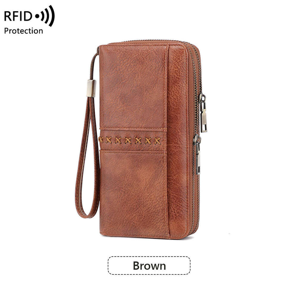 Cross-Border New RFID Women's Double Zipper Contrast Color Long Wallet European and American Retro Large Capacity Men's Clutch