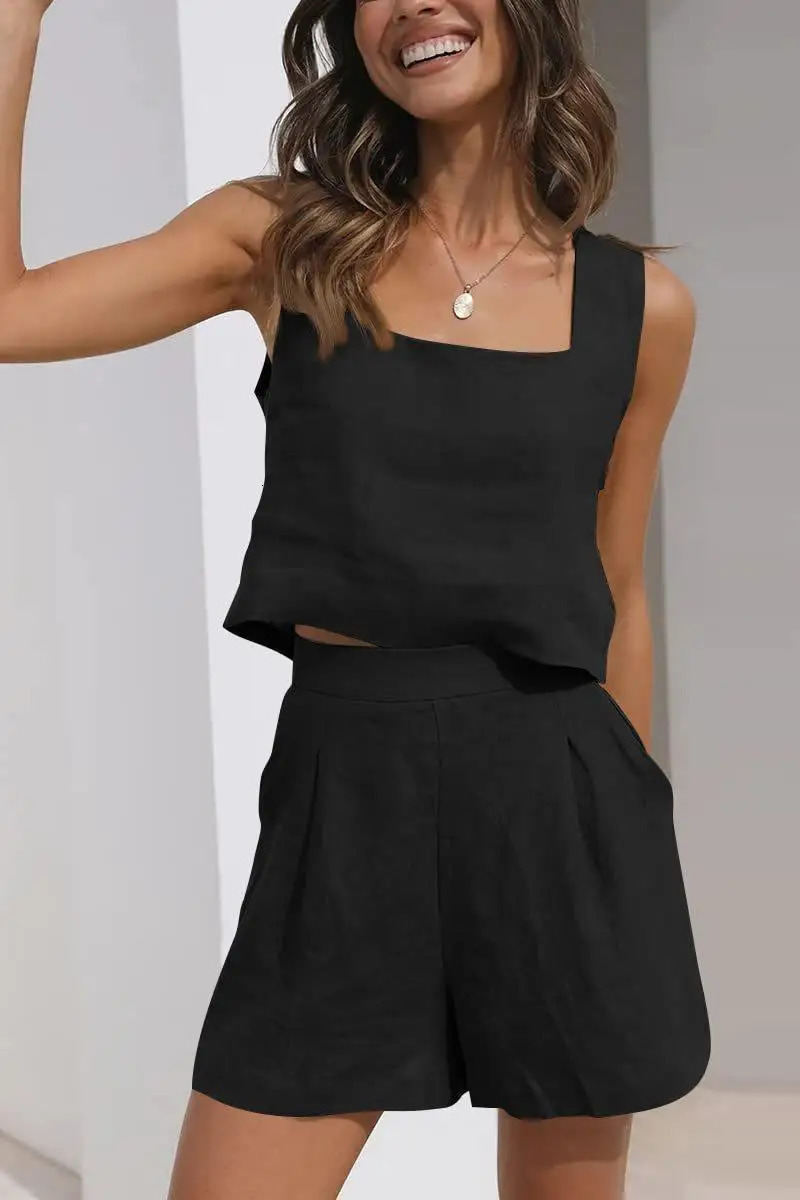 Casual womens casual vacation two-piece summer solid color sleeveless pocket pants set elegant wide leg vest set 250402