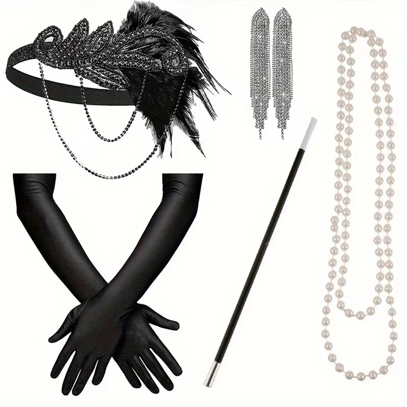5 sets of 192 feather bands, headbands, necklaces, gloves, cigarette sticks, tassel long earrings, and supplies for a women-themed artistic party