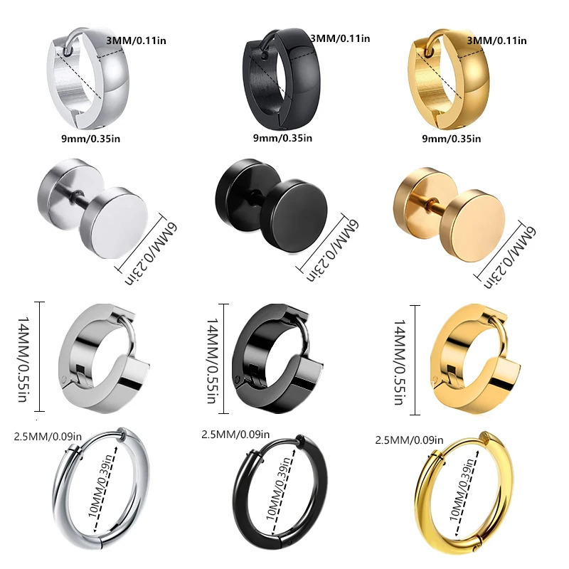 1 pair of multicolor neutral black gold stainless steel earrings suitable for women men punk gothic perforated jewelry 250326