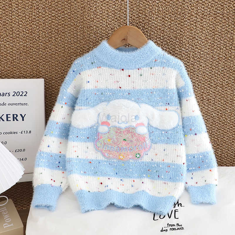 Sanrio Girls Sweater Autumn Winter 2024 New Childrens Cartoon Thickened Base Mink Knitwear Stylish Kuromi Colorful Dots H251105