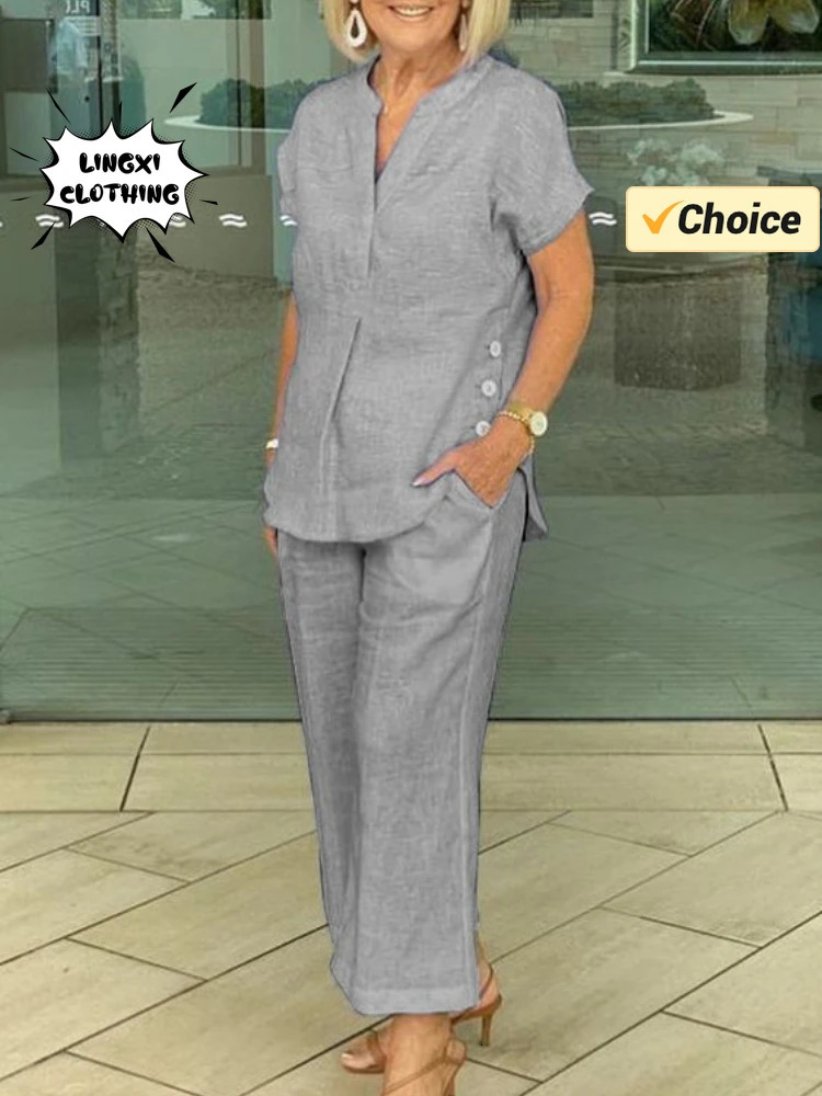 Summer fashion womens matching series V-neck short sleeved top elastic waist wide leg pants cotton linen two-piece set 250401