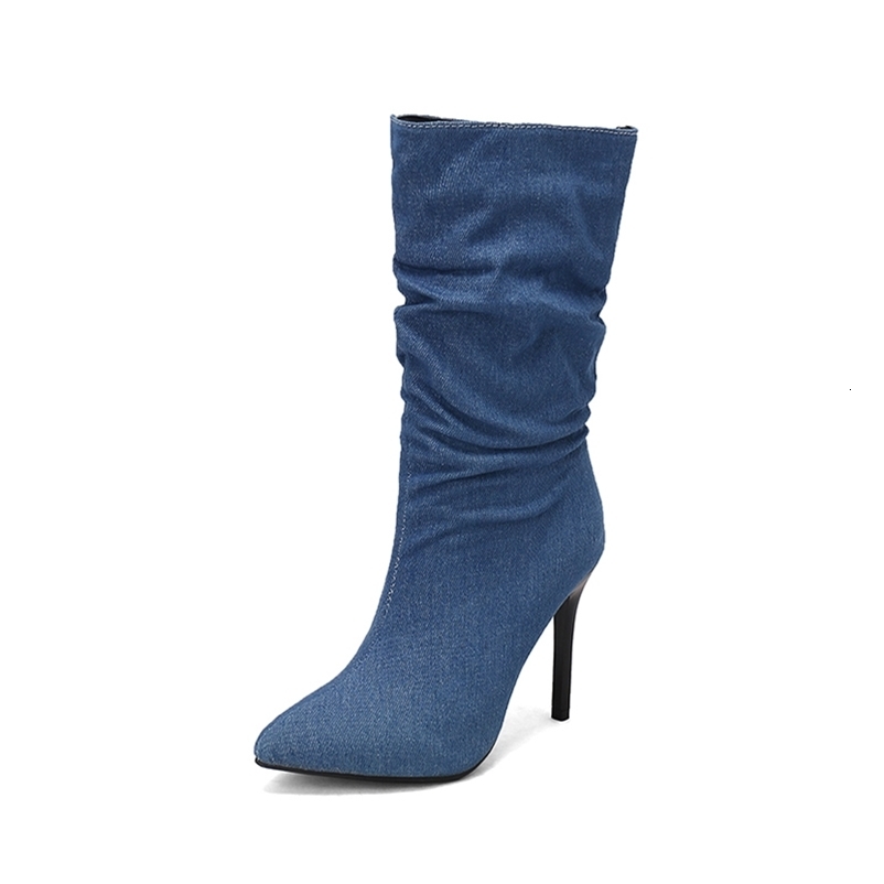 Women Denim Cowboy Boots High Heels Winter Warm Shoes Extra Big Size 45 47 48 Mid Calf Boots Stiletto 251104