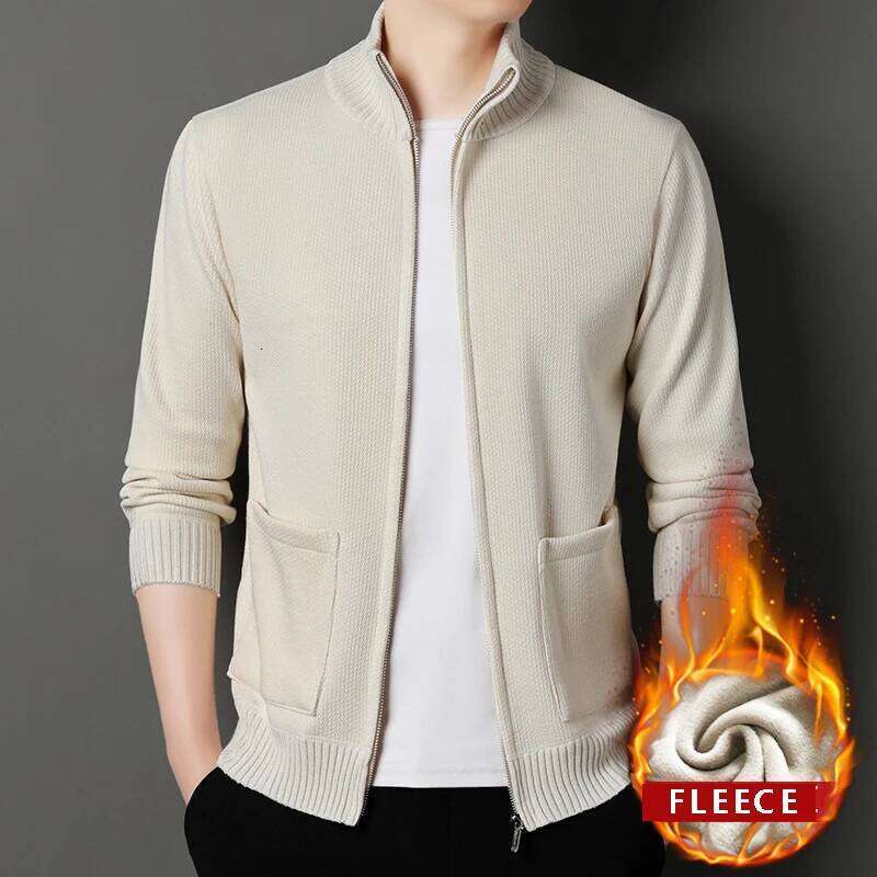 Winter Men's imitation Fleece Cardigan Knit Sweater Coat Casual Knitted Jacket High Quality Male Clothing Beige