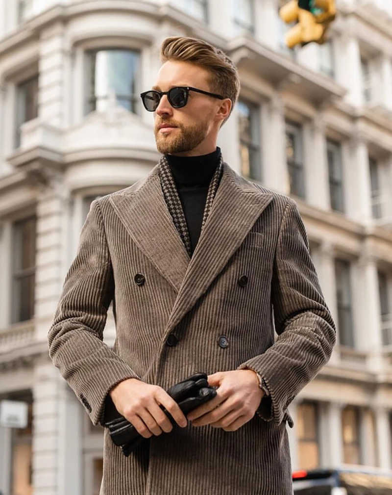 Casual Men's Corduroy Double Breasted Overcoat Peaked Lapel Mid-Length Trench Coat Business Winter Outerwear Custom Made