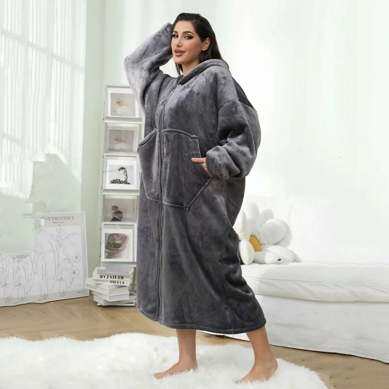 Winter casual hoodie pajamas long style with zipper and pocket comfortable and warm with thick fleece lining insideT251105