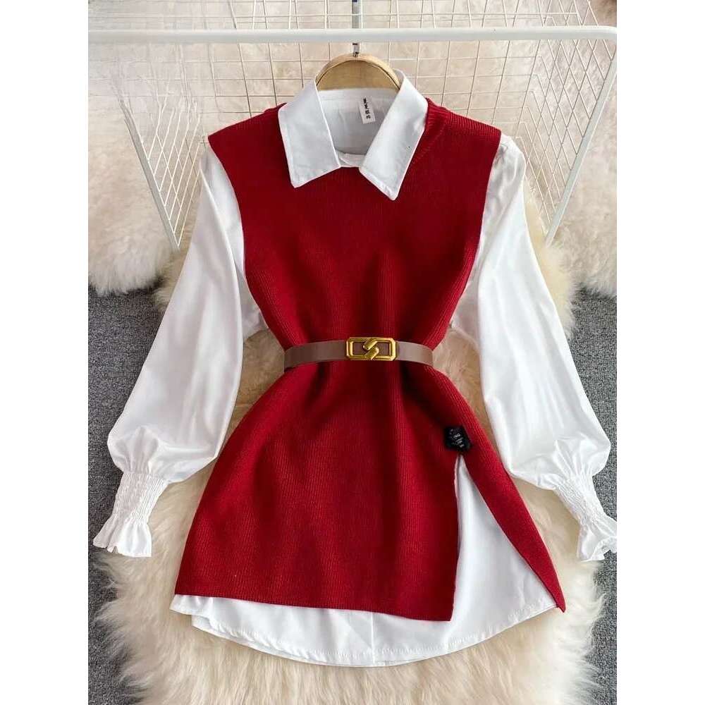 Women's Chic Age-Reducing 2-Piece Set Long Sleeve White Shirt Sweater Loose Fit Knit Vest Pullover Spring Autumn Fashion Designer Sweater Bear Sw