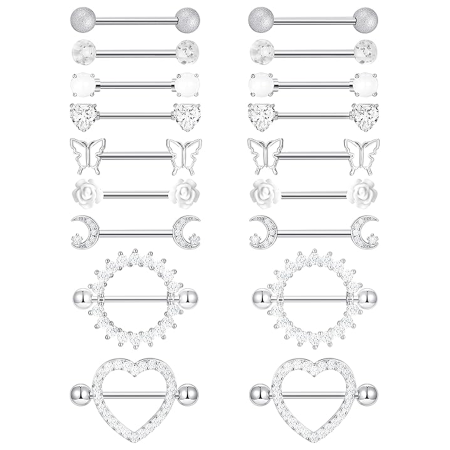 9 Pairs 14G Stainless Steel Nipple Rings Tongue Ring Straight Nipple Barbells Cute Butterfly Rose Opal Moon Heart CZ Body Piercing Jewelry for Women W