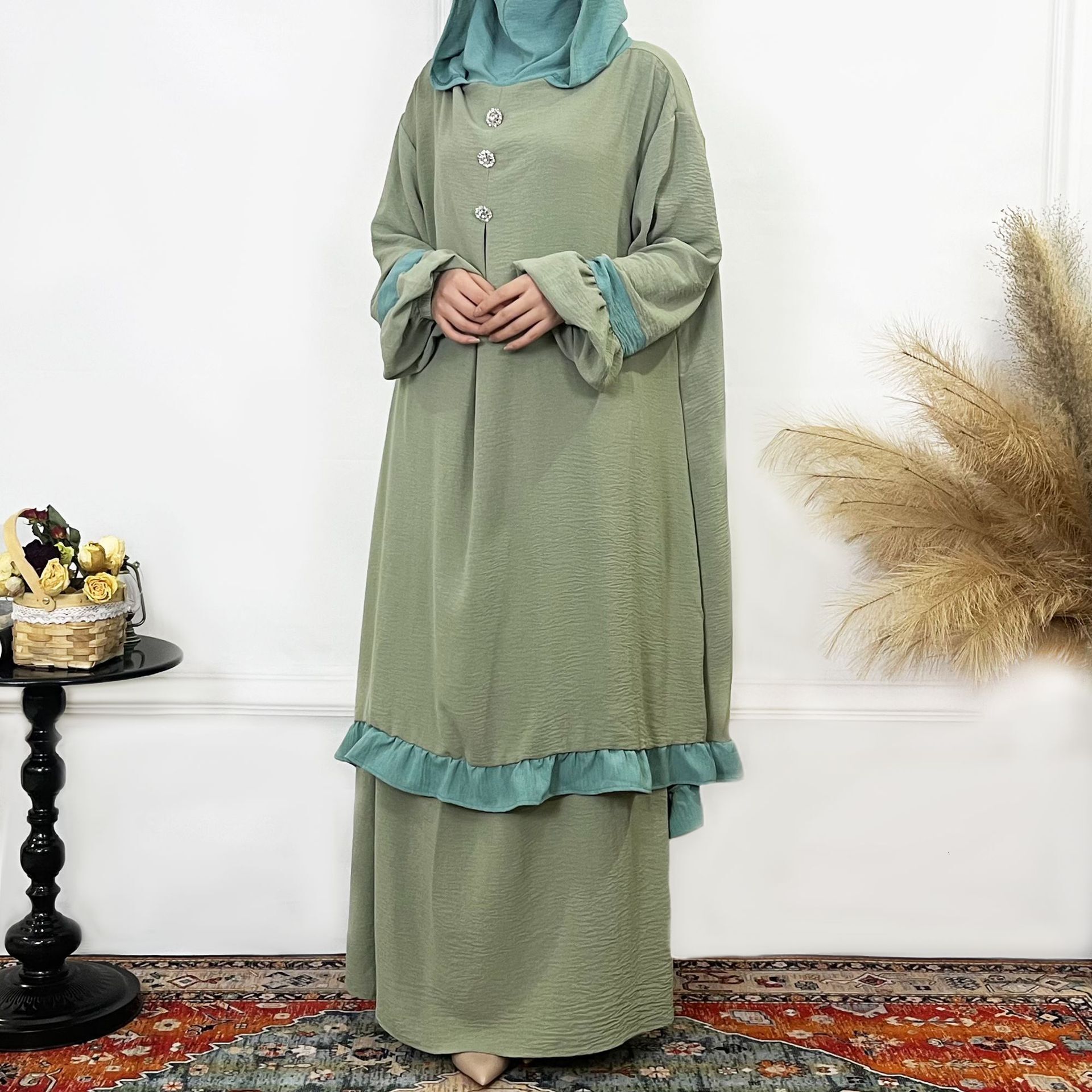 Fashion Muslims Women's Prayer Solid Color Ruffle Robe Two Piece Set Abaya Maxi Dresses Islamic Clothing