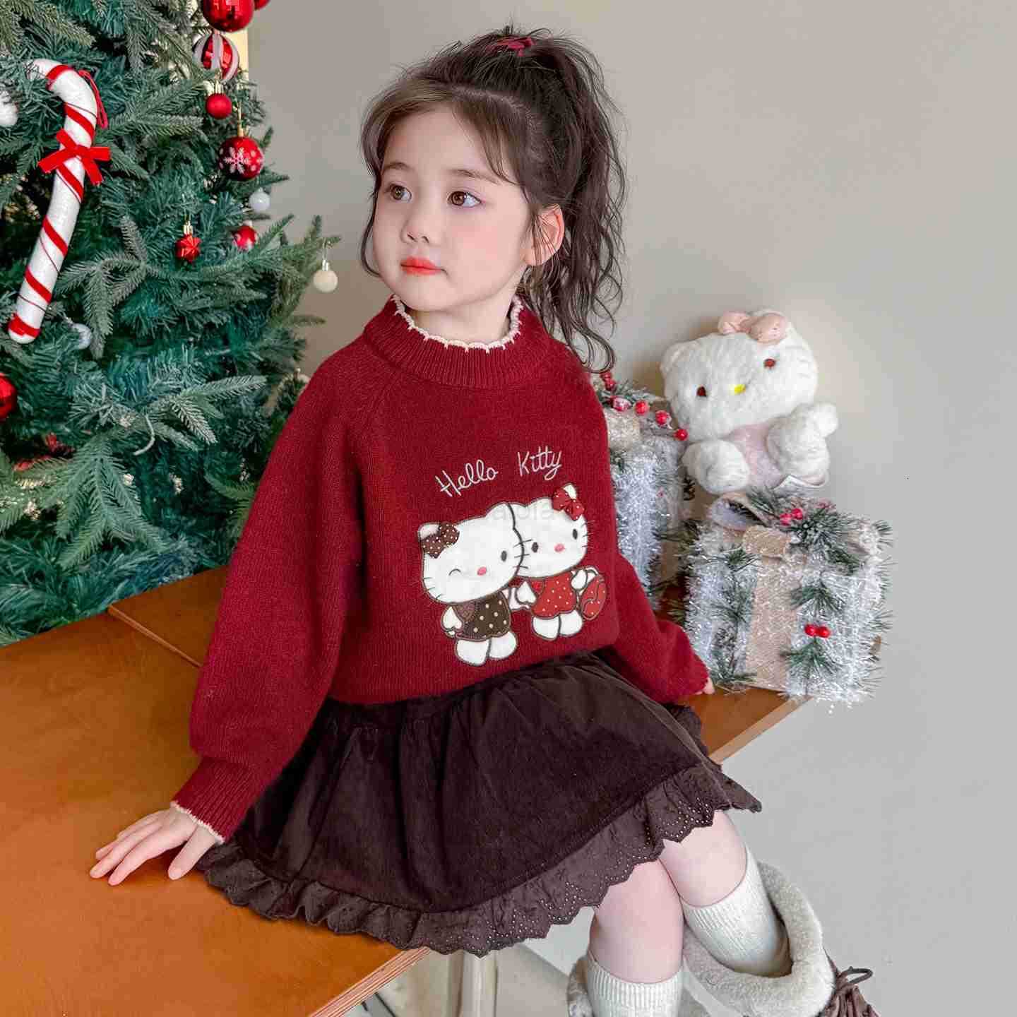 Sanrio KT Cat Girl Sweater Autumn Winter Fleece Round Neck 2025 New Childrens Baby Girl Winter Knitted Base Shirt H251105