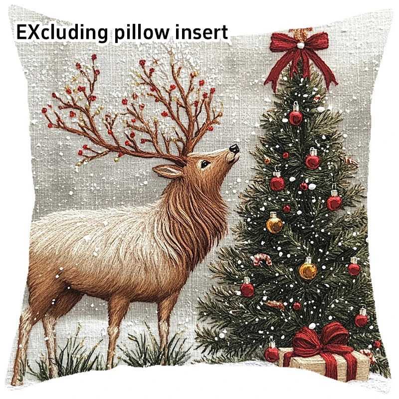 45cm Grey Red Christmas Pillowcase Cute Cartoon-style Imitation Embroidery Linen Printed Sofa Pillowcase For Holiday Decoration Y251105