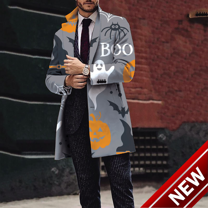 2024 Autumn/Winter New Mens Halloween Printed Woolen Medium to Long Coat Mens Woolen Coat