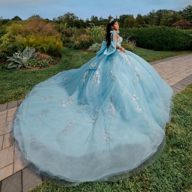 Blue Shiny Quinceanera Dresses Off The Shoulder Applique Lace Beads Bow Tull Party Birthday Sweet 16 Dress Vestidos 15 De Anos