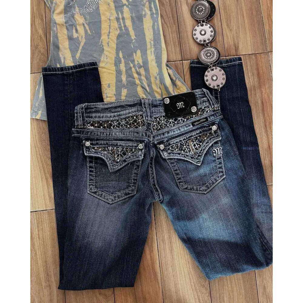 Retro Miss Me Boot Cut Female Y2k New Blue Jeans Embroidered Wing Pocket Hip Hop Haruku Gothic Wide Pants Street Wear