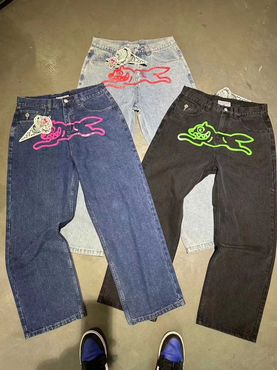 ICECREAM Fly Dog Printed Men Straight Denim Pants Loose Fit YKK Zipper Casual Denim Jeans Pants Trousers Z251104