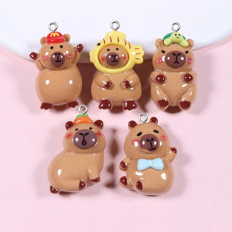 10 pieces of Kawaii cartoon Capybara resin charm smooth flat back animal earrings keychain pendant DIY jewelry making discovery 250325