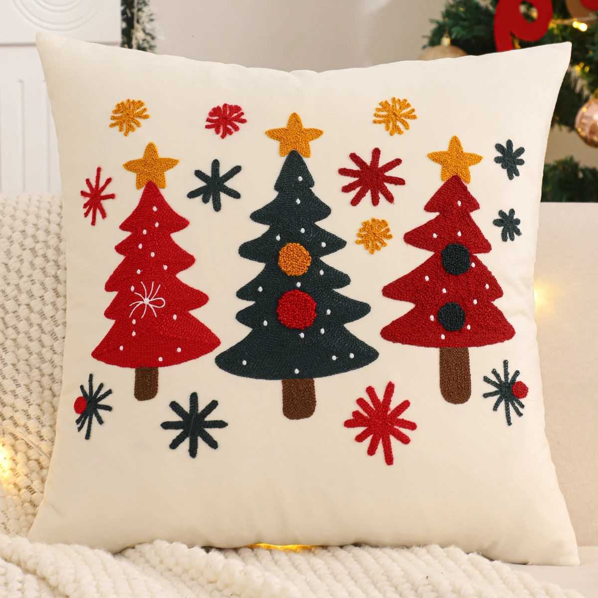 Embroidery Throw Pillow Cover Christmas Decoration Velvet Soft Christmas Tree Cherry Winter Farmhouse Home Sofa Living Room Y251105
