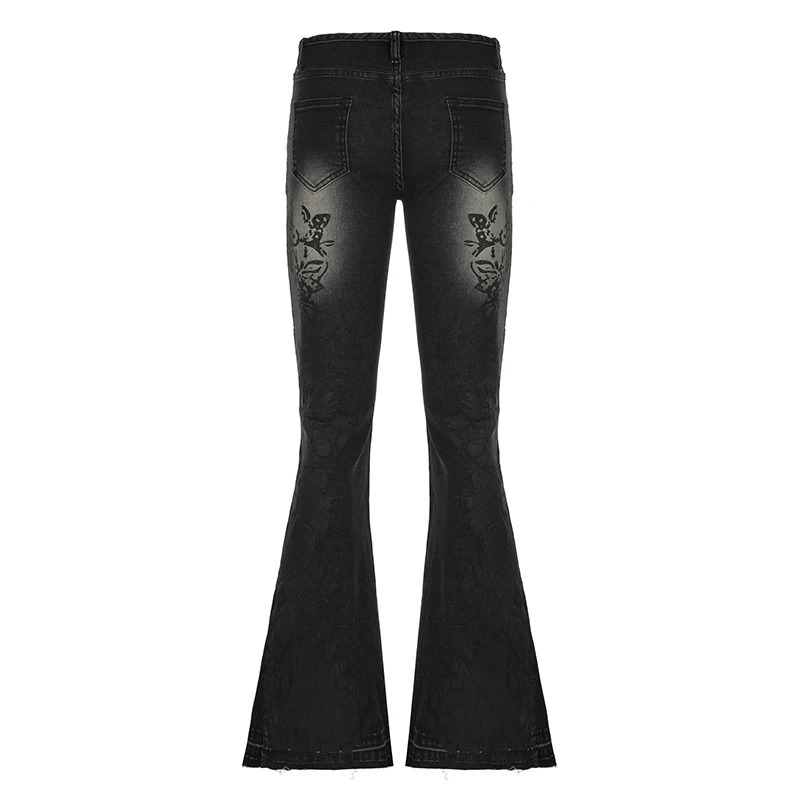 Rockmore Streetwear Womens Low Rise Flash Jeans Y2K Aesthetic Printed Retro Washed Denim Trouser Grunge Fairycore 250403