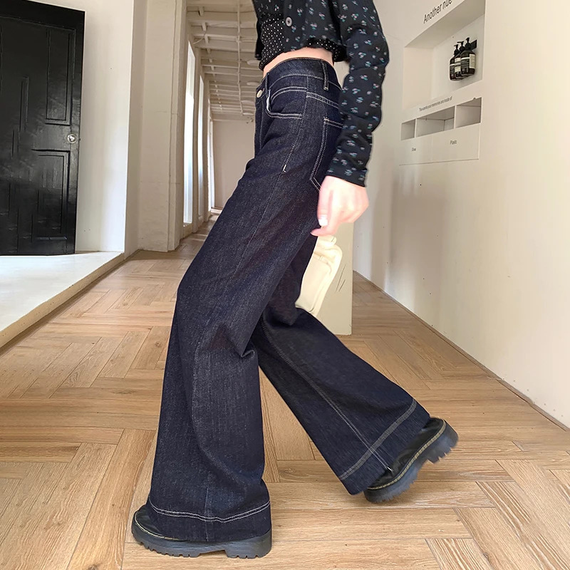 Womens Retro Casual Loose Straight Denim Trousers High Waist Wide Leg Fashion Shining Jeans 250403
