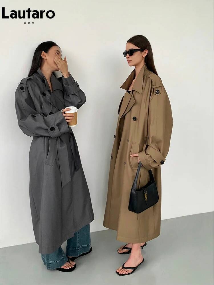 winter jacket women Lautaro Spring Autumn Oversized Khaki Long Grey Trench Coat for Women Double Breasted Loose Casual Korean Fashion Overcoat 2024