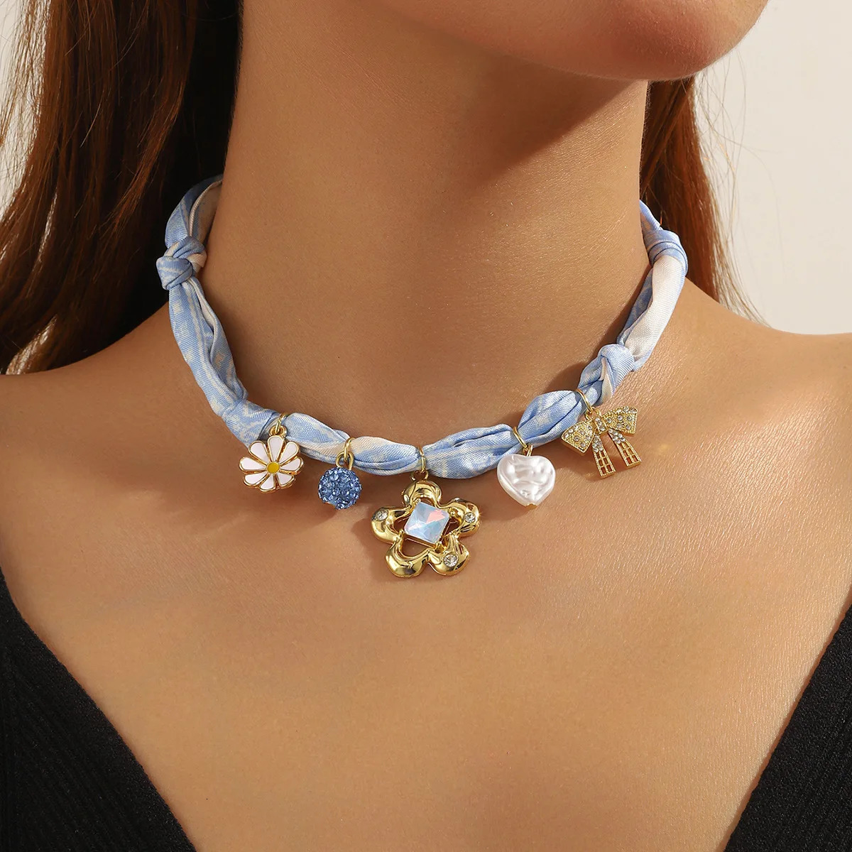 Gold Flower Bow Pendant Choker Elegant Handmade Scarf Necklace for Women Bandana Style 251031
