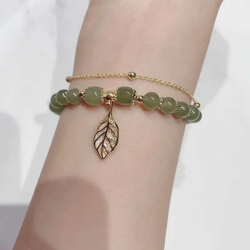 Chinese Style Green Jade For Women Exquisite Gold Color Leaves Wrist Strap Bangle Double Chain Girls Gifts C251105