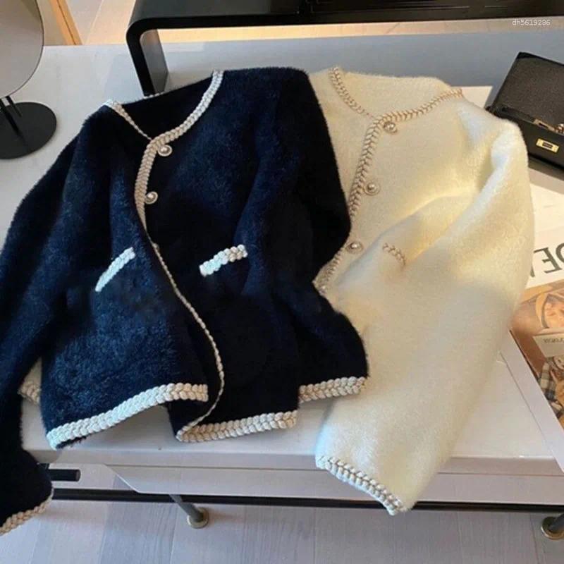 Women's Jackets Small Fragrant Wind Pearl Buckle Sweater Cardigan Spring And Autumn White Gentle Soft Milk Mink Velvet Knitted Coat M-3XL