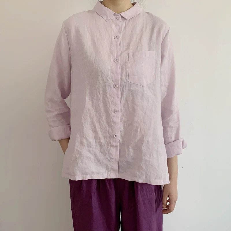 Johnature Women Linen Shirts Solid Color Blouses Autumn Turn-down Collar Button Female Long Sleeve Casual Shirts Tops 250402