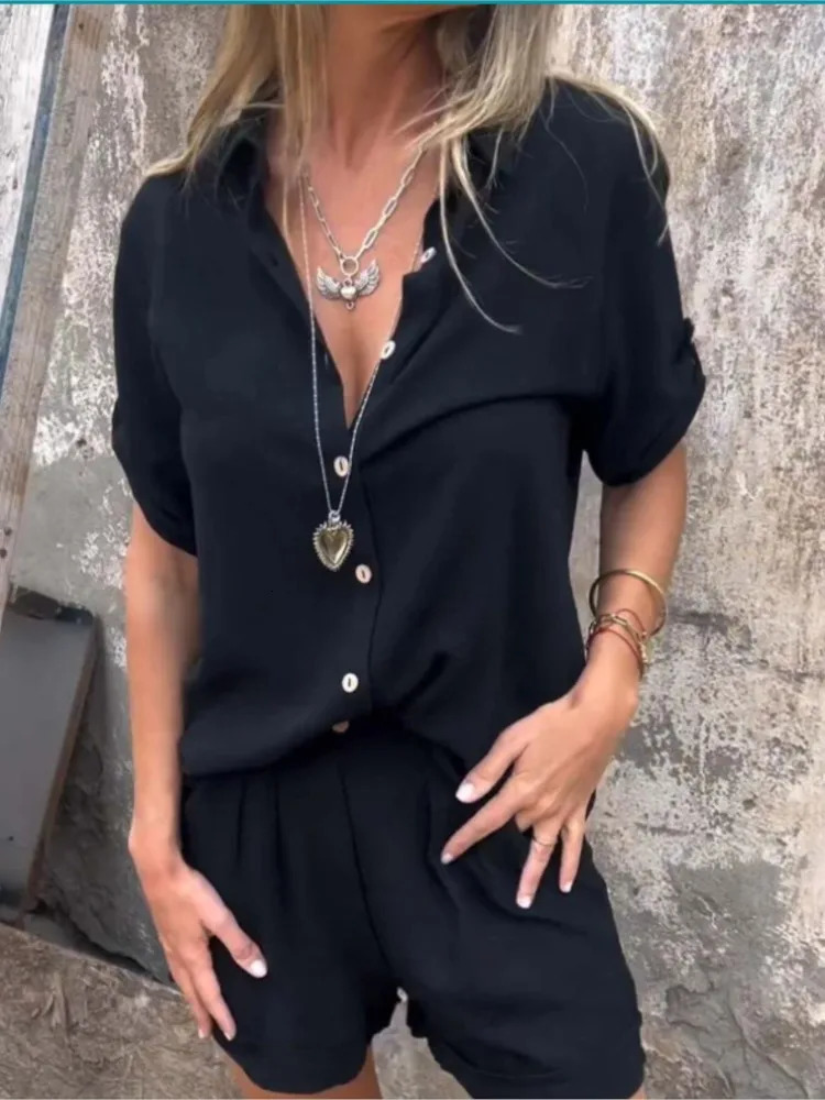 Summer fashion cotton linen two-piece set womens casual solid collar button short sleeved shirt two-piece set women 250401
