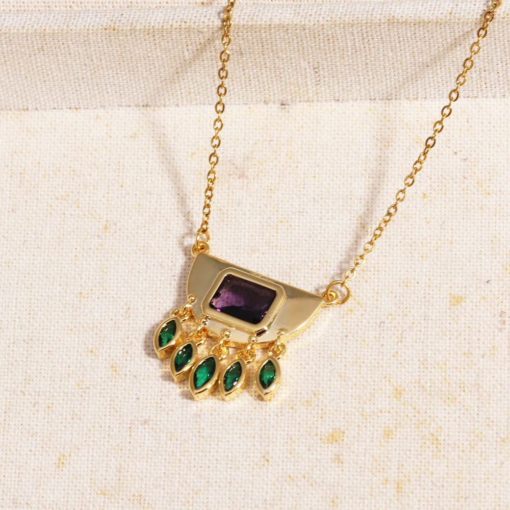 Stainless Steel Half Round Green Oval Zircon Tassel Pendant Necklace For Women Daily Wear Fashion Neck Chain Waterproof Jewelry 251031