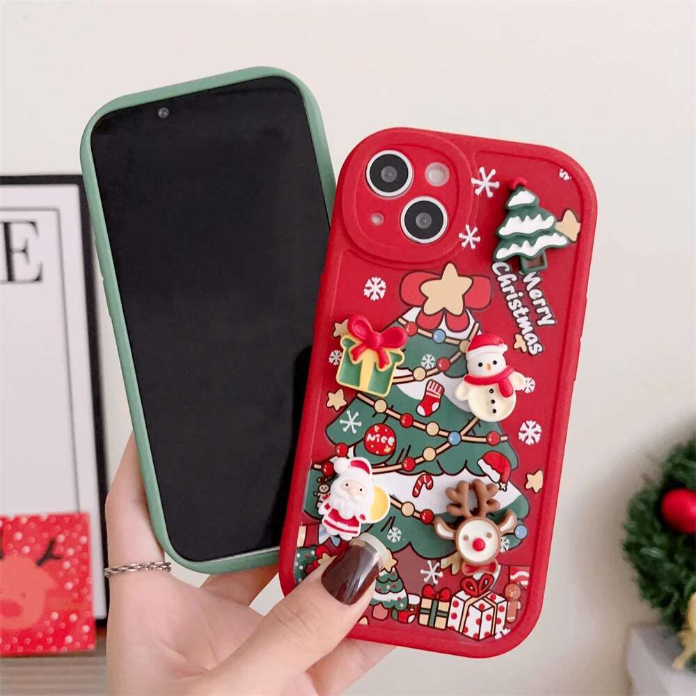 Cute Cartoon 3D Santa Claus Elk Snowman Christmas Tree Soft Case For iPhone 16 15 14 Pro Max 13 12 11 X XS XR 8 Plus Back Cover