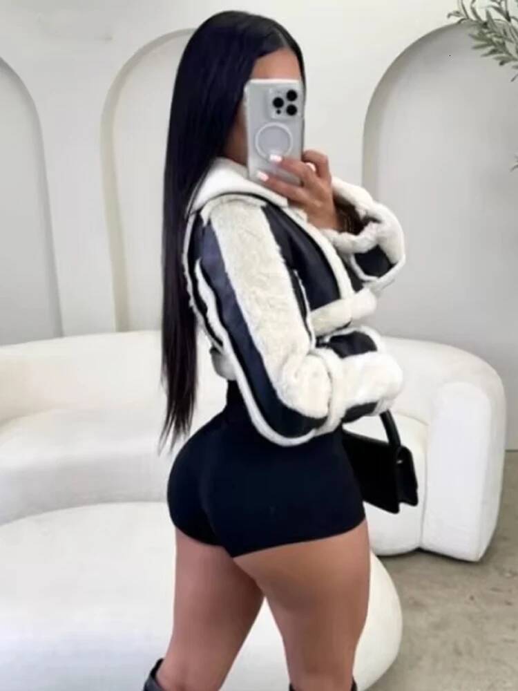 winter jacket women Weird Puss Furry Patchwork Women Crop Jacket Full Sleeve Open Stitch Hipster Streetwear Warm Outwear Basic Wild Coat