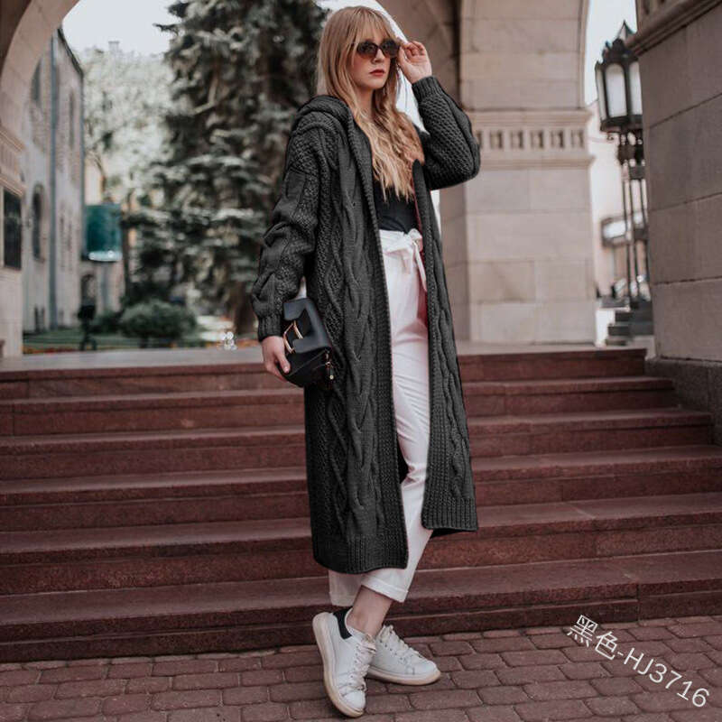 Foreign Trade New Style Wish European and American Autumn Winter Hot Sale Solid Color Hooded Long Loose Cardigan Sweater Braided Knitwear for Women