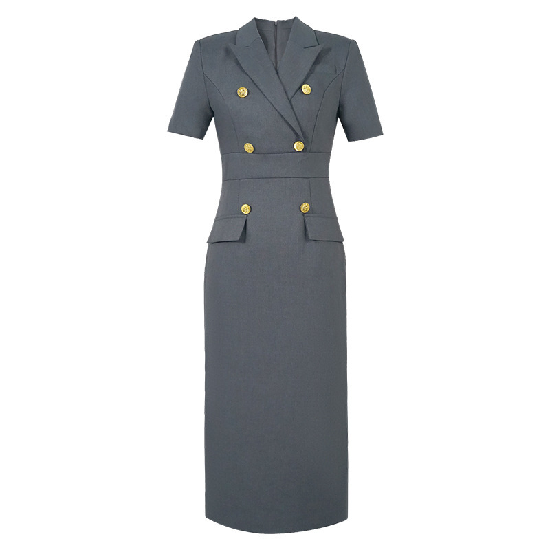 Professional Bodycon Dress Summer New Elegant Suit Collar Double-Breasted Bodycon Dress 50584